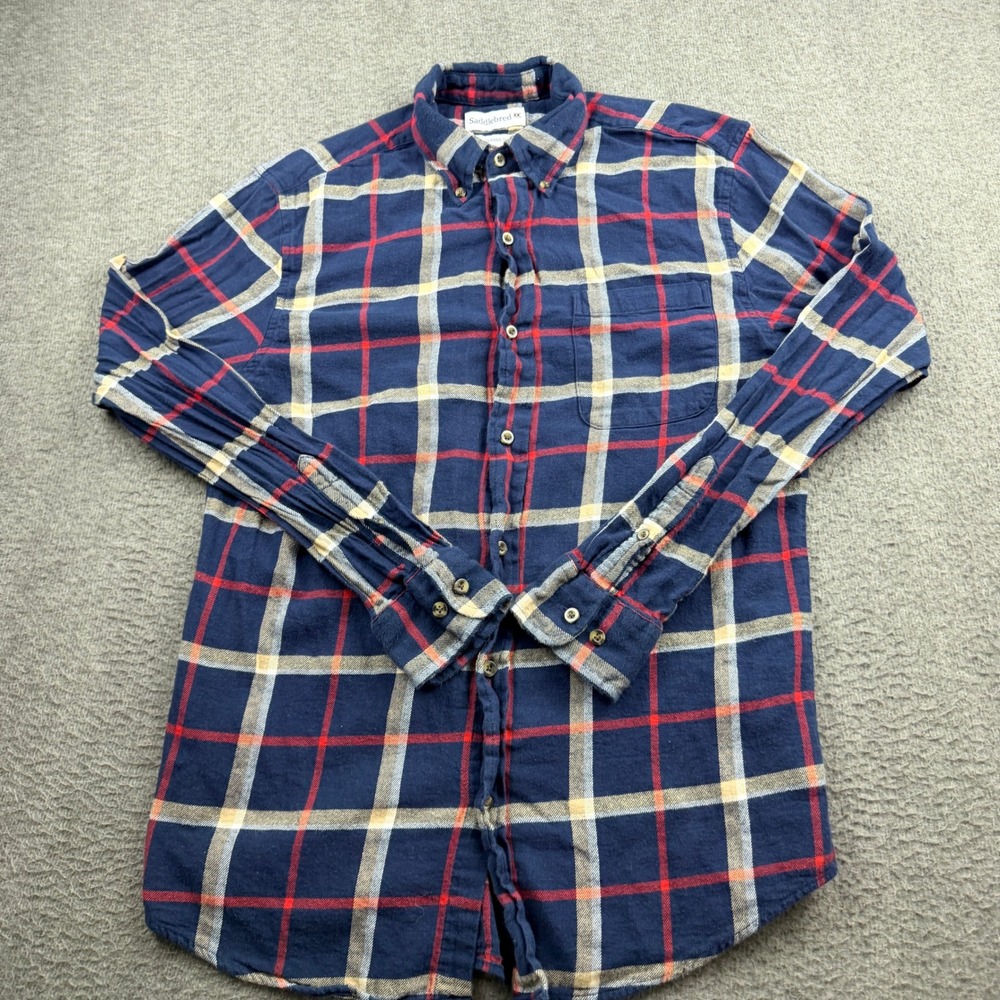 Saddlebred Flannel Shirt Men's Medium Blue Plaid Classic Fit Button Down Cotton